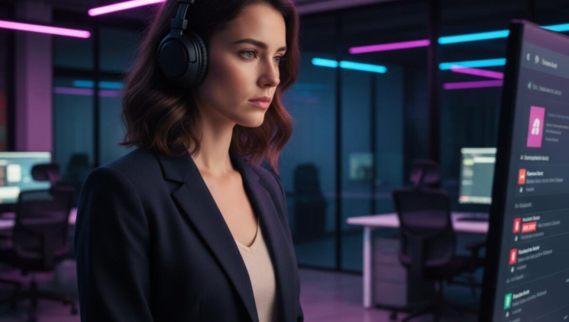 Deezer se llena de música generada por IA: 28% de uploads y un tsunami de streams falsos Editora joven revisa una pantalla con canciones marcadas como IA y alertas de fraude en una plataforma de música.