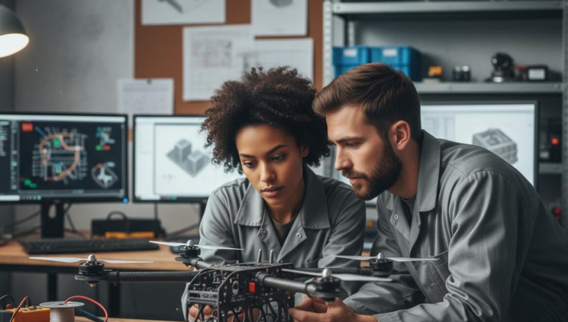 Defensa en España no busca soldados: 96.000 empleos tech bien pagados (y cómo entrar) Dos ingenieros jóvenes revisan el chasis de un dron en un laboratorio industrial moderno.