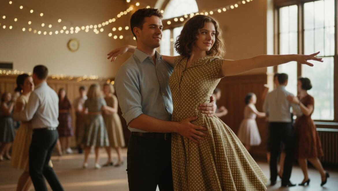 Dirty Dancing arrasa otra vez en streaming: el dato que lo cambia todo y por qué aún nos hace bailar Pareja joven ensayando un lift de baile en un salón retro con luces cálidas, mirada concentrada y complicidad.