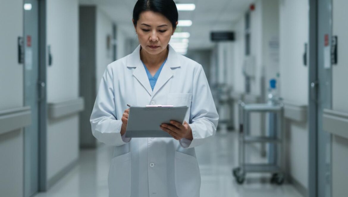 Doctor Cha temporada 2: ¿confirmada o no? Lo que no te contaron Médica asiática con bata blanca avanza por un pasillo de hospital, concentrada en su historial.