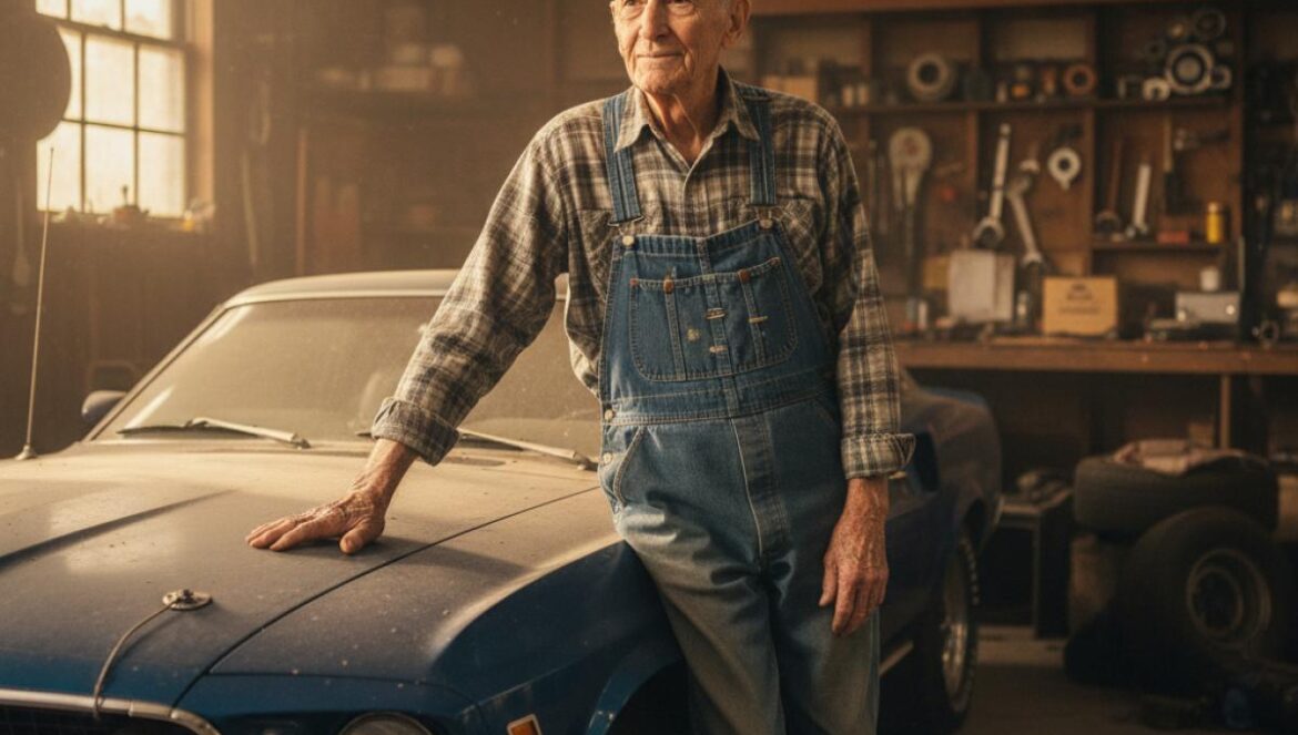 Dodge Charger dormido 30 años: a sus 96, Pete lo revive y enciende las redes Hombre mayor sonriente junto a un clásico muscle car en una cochera polvorienta, con luz cálida.
