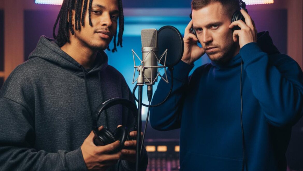 Drake lanza Dog House con Yeat: así suena el nuevo golpe de BNYX en plena gira europea y lío legal Dos raperos en estudio, micrófono grande y luces LED, encuadre de cintura arriba en sesión nocturna.