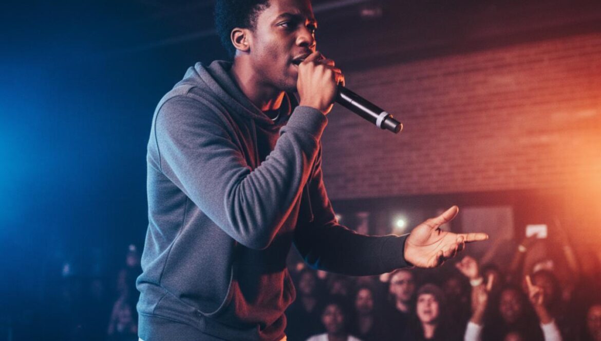 Rapper afrodescendiente, luz escénica azul y púrpura, micrófono en mano, público difuminado al fondo.