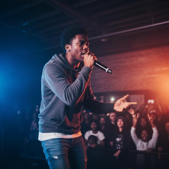 Rapper afrodescendiente, luz escénica azul y púrpura, micrófono en mano, público difuminado al fondo.