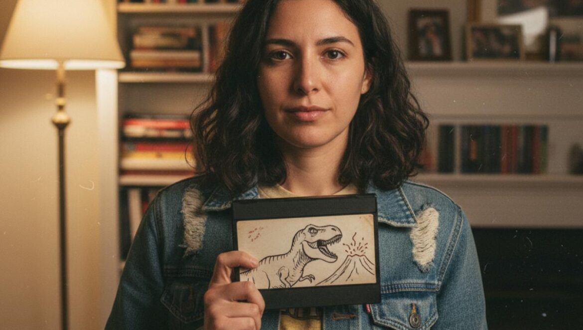 En busca del valle encantado: el clásico noventero que olvidaste y por qué aún lloramos con los dinos Mujer treintañera sostiene un VHS desgastado con un dibujo de dinosaurio, en un salón cálido lleno de cintas.