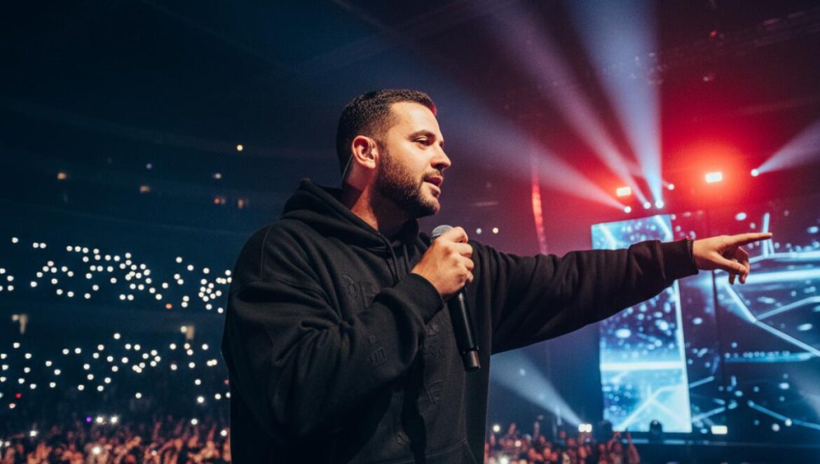 Fianso se despide a lo grande: “jubilé” en Bercy 2026 y salto definitivo al cine Rapper en escena, micrófono en mano, iluminado por focos, con el público levantando móviles y luces en una gran arena interior.