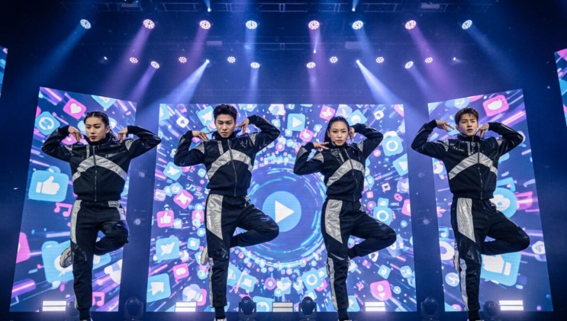 From20 estrena ‘Social’ y anuncia gira: 5 ciudades en Europa y 8 en Brasil, ¿nuevo mapa del K‑pop? Grupo de K‑pop ensayando ante pantallas con iconos sociales y luces azul-violeta.