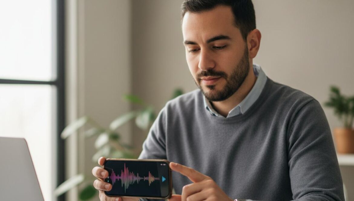 Gemini ahora acepta audio: lo que nadie te contó y cómo sacarle ventaja si creas, estudias o reportas Joven latino usando una app con forma de onda de audio en su móvil, rodeado de laptop y notas en un escritorio moderno.