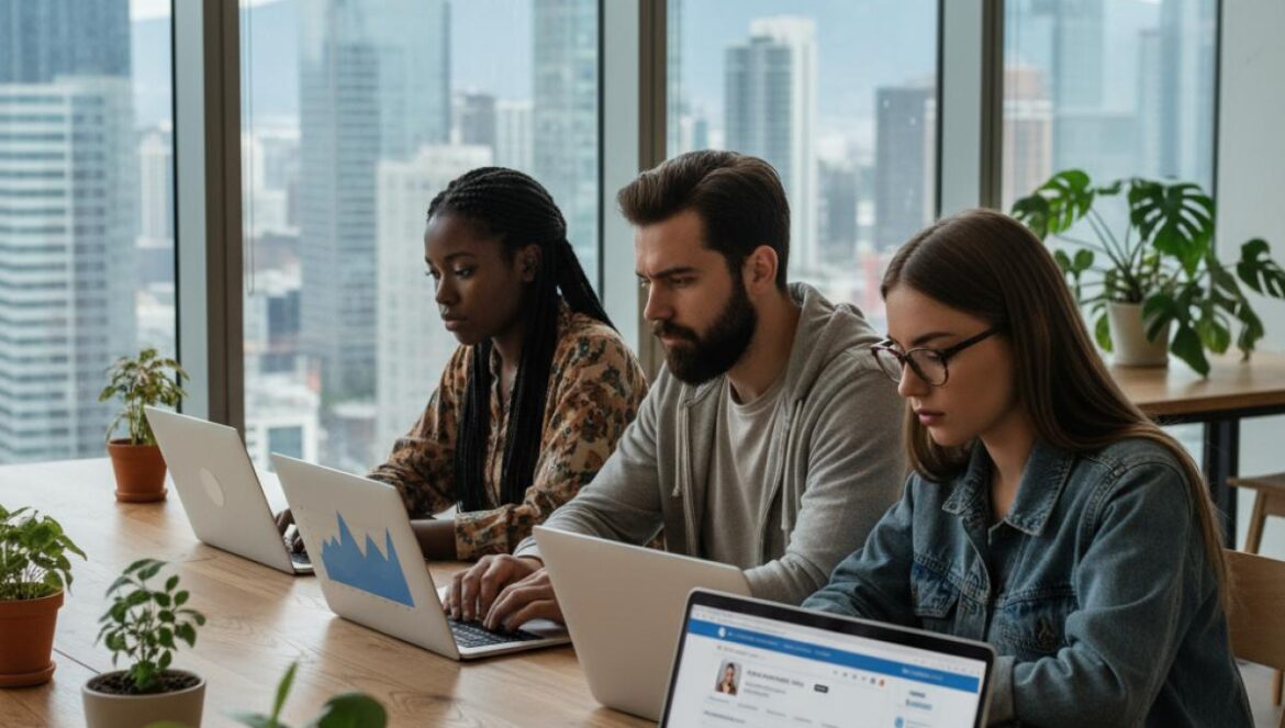 Generación Z en 2025: ¿qué pasó con la promesa de estabilidad? IA, vivienda y ascensos que ya no llegan Tres jóvenes frente a portátiles en un coworking, pensativos ante ofertas laborales y gráficos.