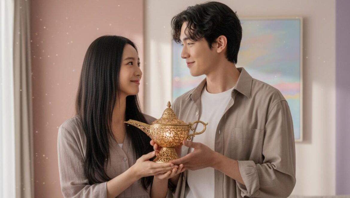 Genie, Make A Wish: Kim Eun Sook promete rom‑com sin estrés y Suzy/Kim Woo Bin prenden Netflix Pareja asiática joven, cintura para arriba, sosteniendo una lámpara dorada con chisporroteos mágicos.