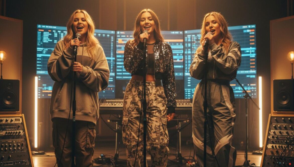 Golden de HUNTR/X rompe el Hot 100: 6 semanas al Nº1 y el fenómeno K‑pop que nadie vio venir Trío pop femenino cantando en estudio con luces doradas y pantallas de gráficos musicales al fondo.