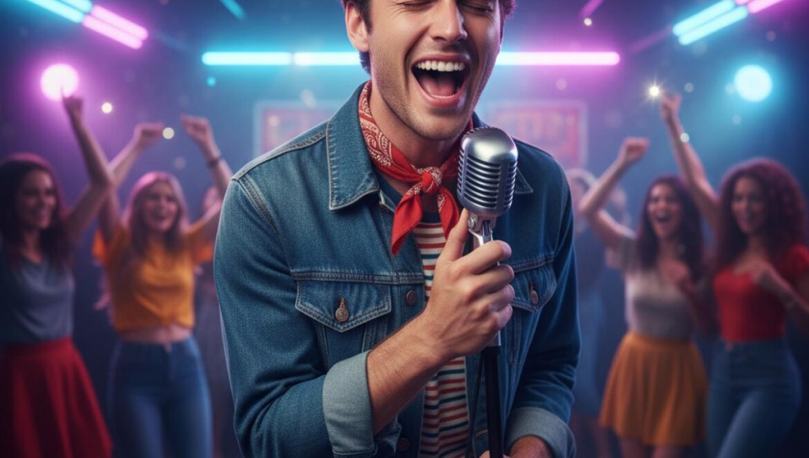 Gus Dapperton sorprende: cover de New Radicals y un alias electrónico listo para reventar clubs Cantante joven con estética retro en un karaoke neón, micrófono en mano y público borroso al fondo.
