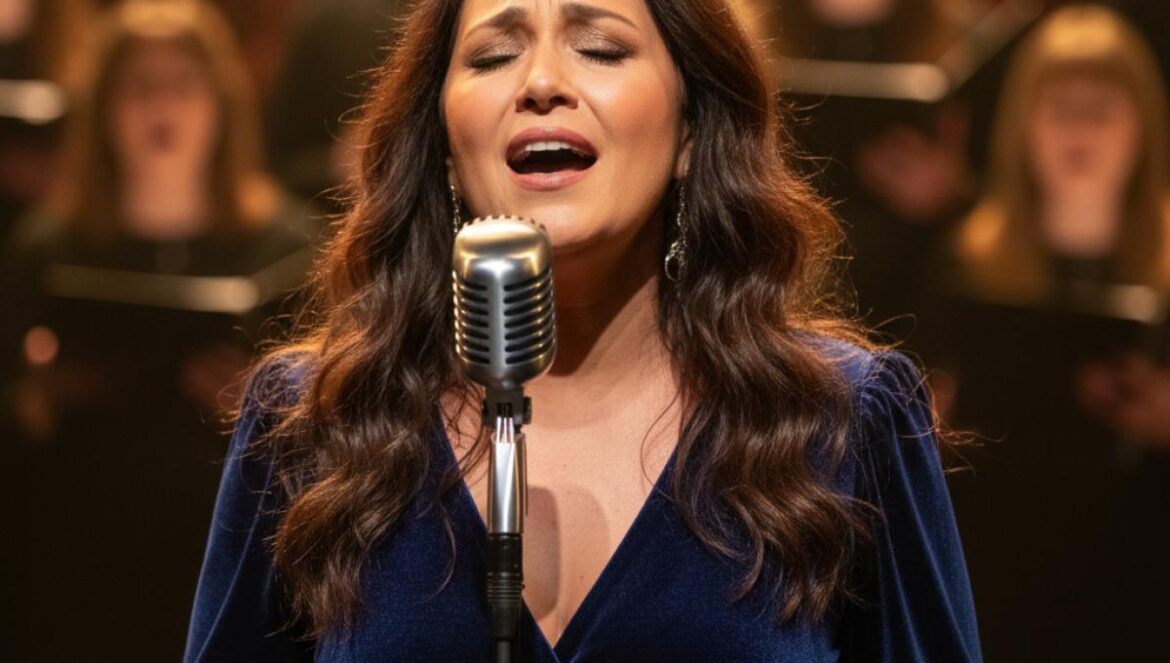 Here For It All de Mariah Carey sorprende: R&B íntimo, brillo gospel y power ballads para cantar a pleno pulmón Cantante en primer plano frente a un micro vintage, luces cálidas y un coro difuminado al fondo.