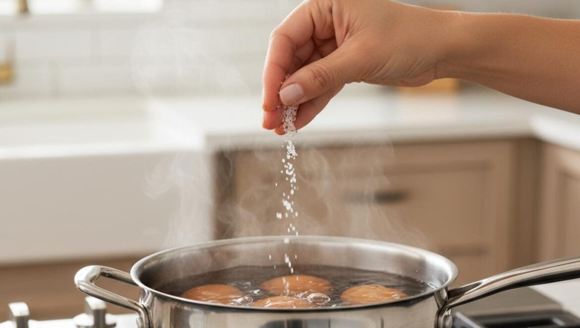 Huevos perfectos sin drama: el dato que lo cambia todo sobre la sal en el agua (y cómo no fallar al pelarlos) Olla de acero con huevos hirviendo en agua salada mientras una mano espolvorea sal encima.