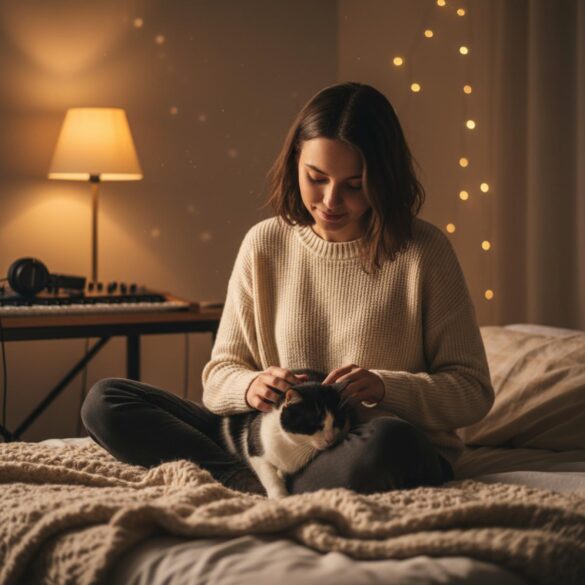 Artista electrónica en dormitorio íntimo con sinte y gato, luz cálida.
