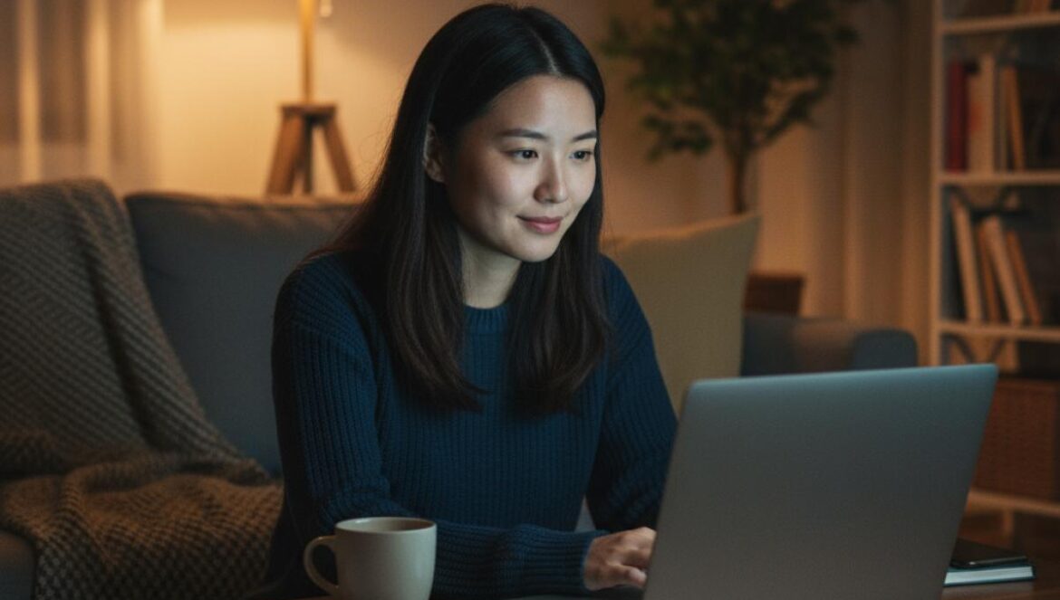 K-dramas rom-com con giro thriller: 6 joyas que enganchan fuerte Joven asiática mirando un thriller romántico en un portátil, en un salón tenue de noche con luz cálida, taza de café y cuaderno abierto sobre la mesa.