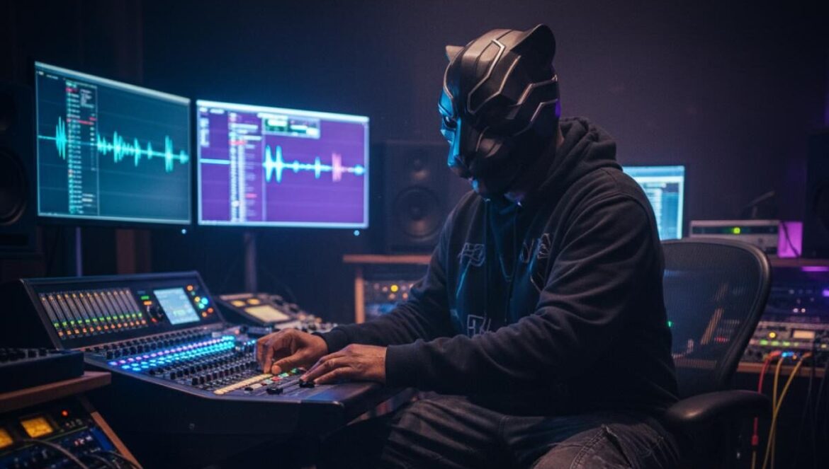 Kanye West en ‘In Whose Name?’: caída en cámara y el lado oscuro del red pill que nadie quiso ver Músico afrodescendiente con máscara felina ajusta una mesa de sonido en un estudio oscuro.