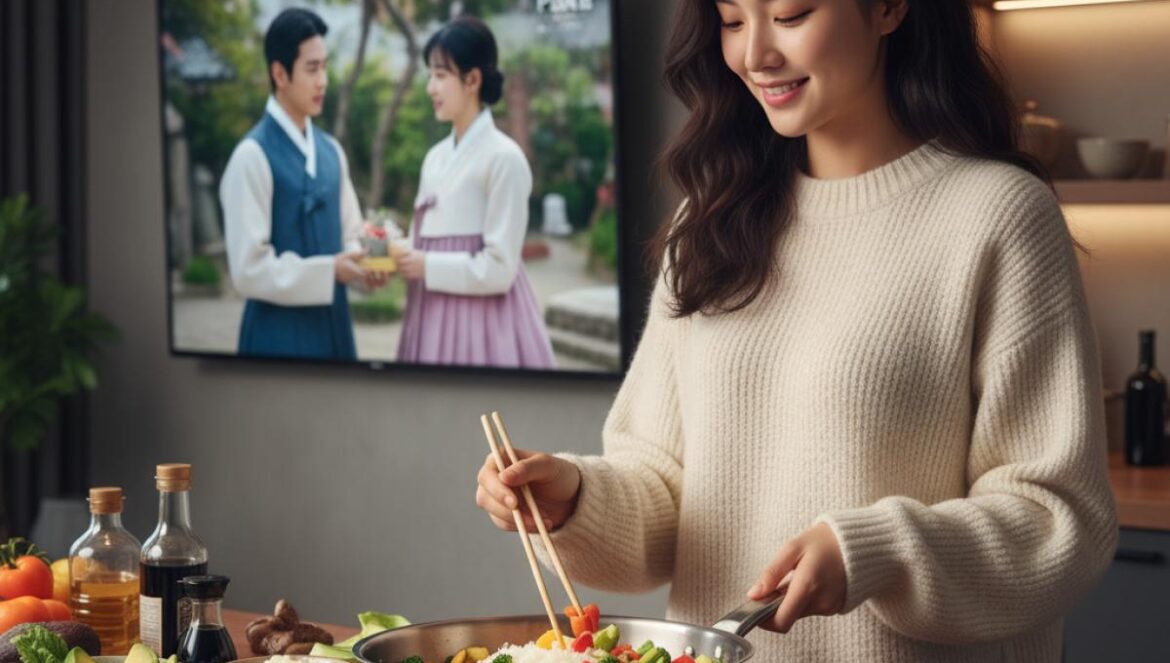 K‑Drama que se comen: Bon Appetit, Your Majesty y el menú 2025 de Studio Dragon — recetas, memoria y hype Joven preparando un bol de arroz con verduras mientras ve un drama histórico en la TV, en una cocina cálida.