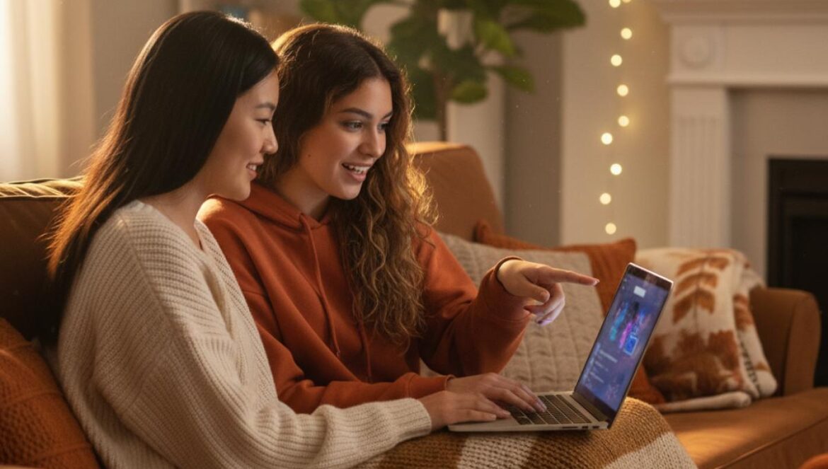 Dos amigas viendo K-dramas en un portátil, sofá acogedor y decoración otoñal, con la interfaz de una plataforma de streaming desenfocada.
