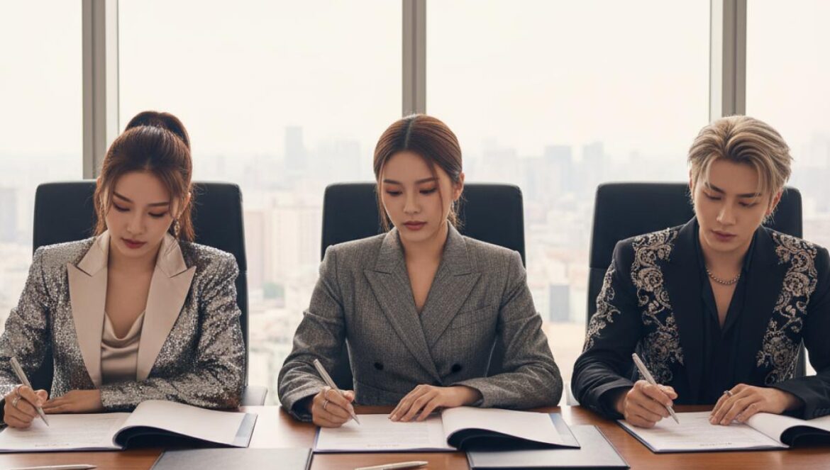 K‑pop: ¿murió la ‘maldición de los siete años’? Renovaciones exprés y el nuevo juego global Idols coreanos firmando contratos en una mesa moderna, con luz suave y estética pulida, simbolizando renovaciones tempranas.