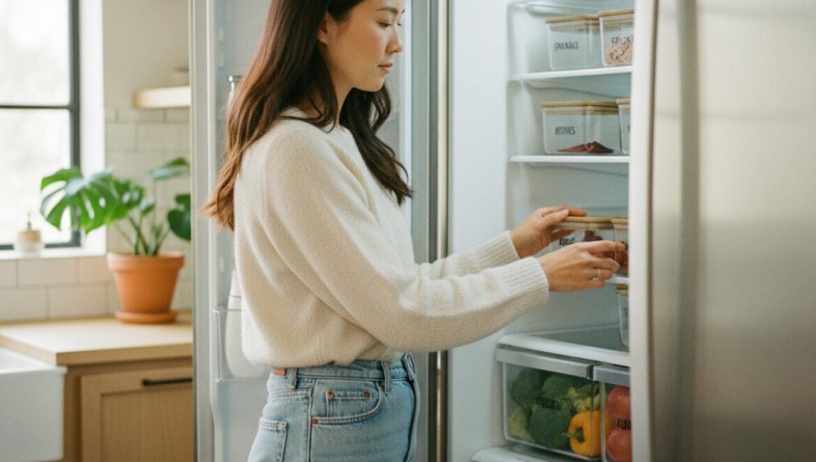 Lee Hyun y su nevera viral: cómo Corea convirtió limpiar el frigorífico en entretenimiento adictivo Joven ordenando una nevera con tuppers transparentes y etiquetas en una cocina luminosa.