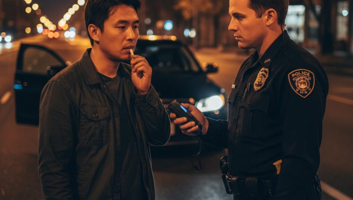 Lee Jin Ho detenido por conducir ebrio: 100 km al volante y el castigo social que arrasa a los comediantes en Corea Humorista asiático soplando un alcoholímetro junto a su coche, de noche, con luces policiales y gesto serio.