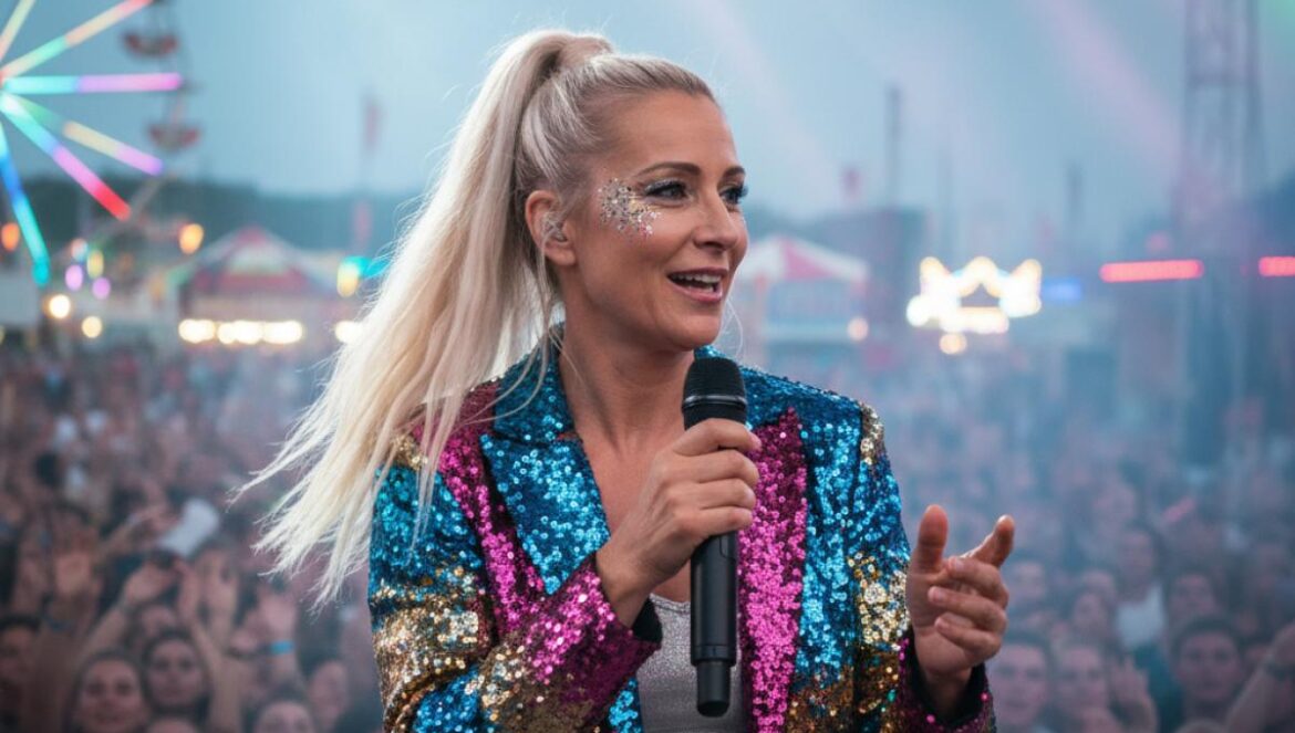 Leticia Sabater revienta la Gen Z: del kitsch viral al negocio real Cantante pop de mediana edad con coleta rubia y chaqueta de lentejuelas, sosteniendo micrófono en un escenario de festival con luces LED y público juvenil al fondo.