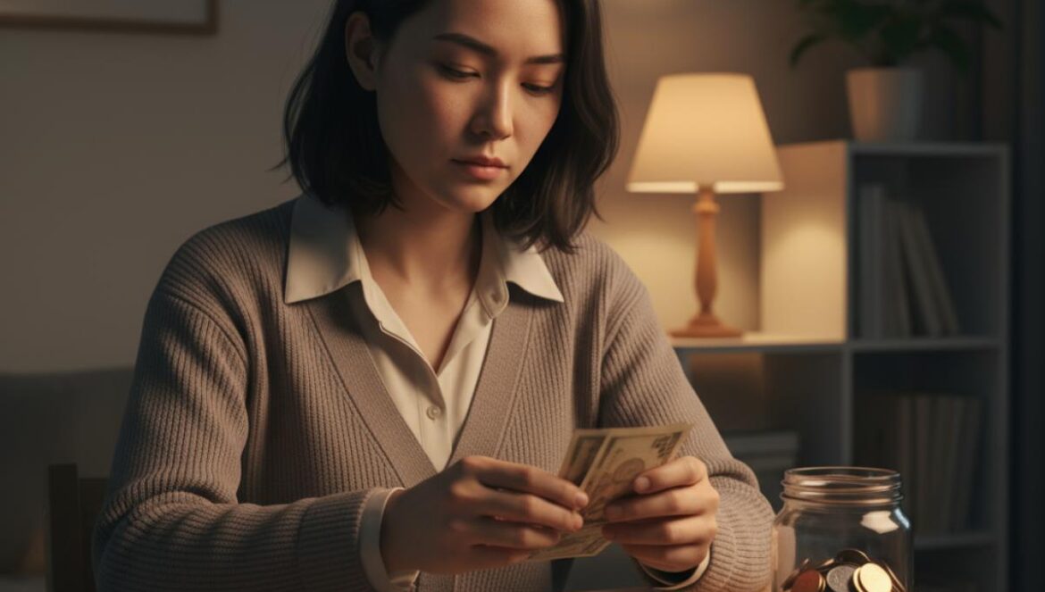 Let’s Go to the Moon episodio 3: el ‘coin train’ revienta la burbuja romántica y destapa vergüenzas muy reales Joven asiática cuenta monedas junto a una hucha en un piso pequeño, luz cálida nocturna.