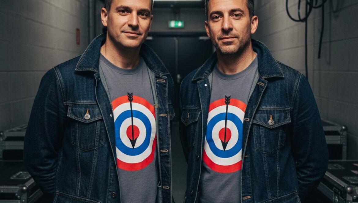Levi’s x Oasis enciende la nostalgia: mod streetwear con cabeza Dos hombres con parkas de denim y remeras holgadas con blanco, rojo y azul estilo mod, posando en un pasillo tipo backstage, iluminación tenue y vibra noventera.