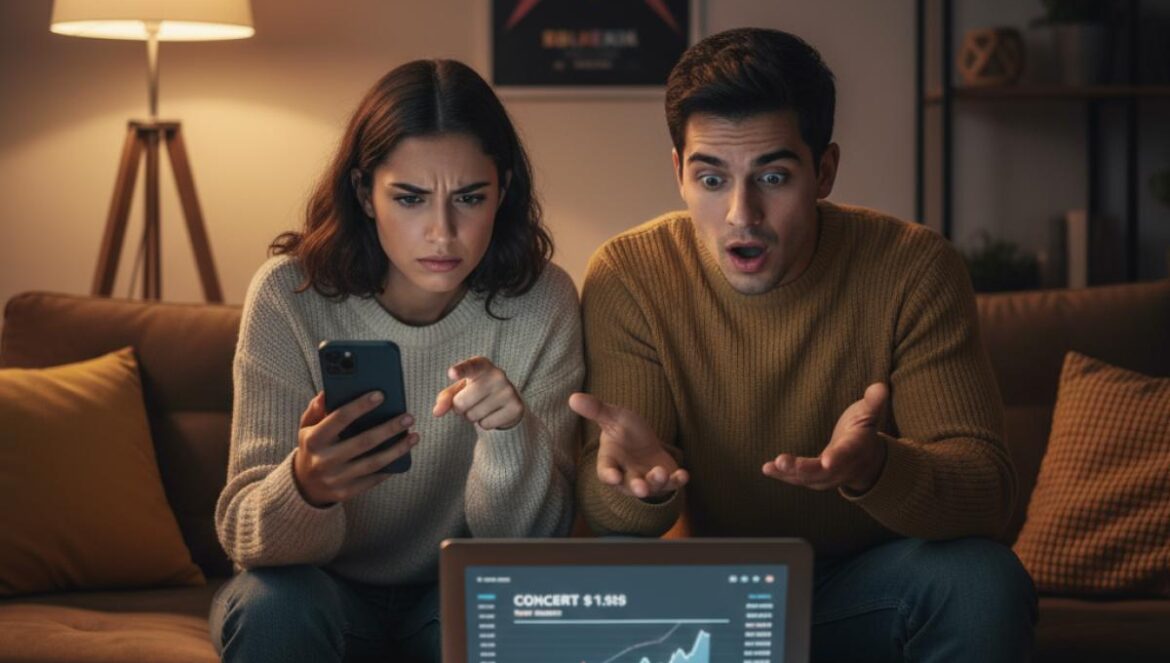 Live Nation asegura que las entradas de conciertos están baratas: los datos, el truco y cómo pagar menos Dos amigos revisan precios de entradas de conciertos en el móvil y el portátil, sorprendidos por las comisiones.