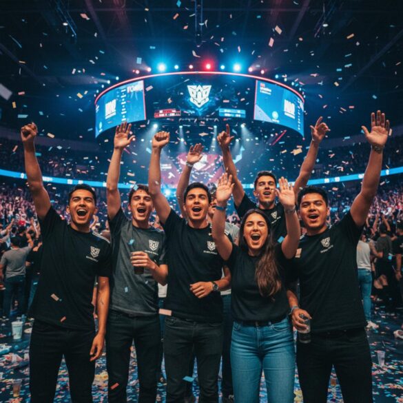 Aficionados de esports celebran en una arena con confeti y luces, euforia total.