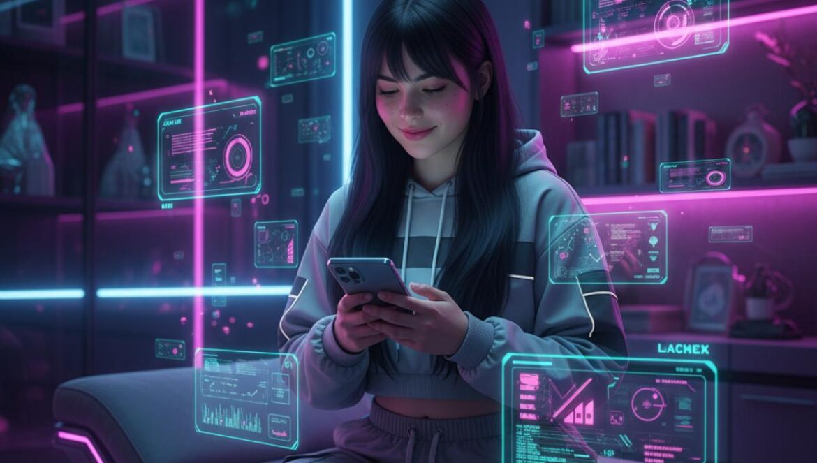 Love and Deepspace enciende TikTok: el otome sci‑fi que conquista 50 millones y divide por su gacha subido de tono Jugadora joven en habitación neon con HUD futurista en su móvil, atrapada por un juego otome sci‑fi.