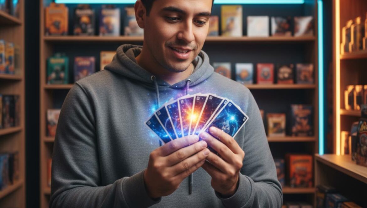 Magic: The Gathering 2026 rompe el multiverso: Marvel, Star Trek, Lorwyn y un set secreto que nadie vio venir Jugador joven sosteniendo cartas coleccionables en una tienda, con luces neón y vibe de multiverso.