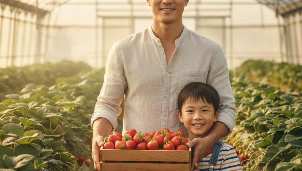 Ms. Incognito: Jung Jinyoung rompe moldes como padre soltero rural Padre treintañero y su hijo en un invernadero de fresas, sonriendo tras una jornada de trabajo, con cajas rojas y luz cálida al atardecer.