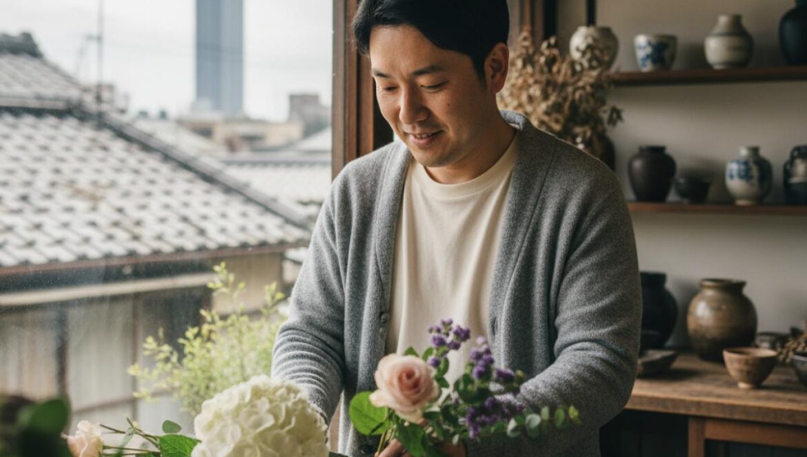 Hombre treintañero arreglando flores en una floristería de madera con luz suave y vistas urbanas al fondo.