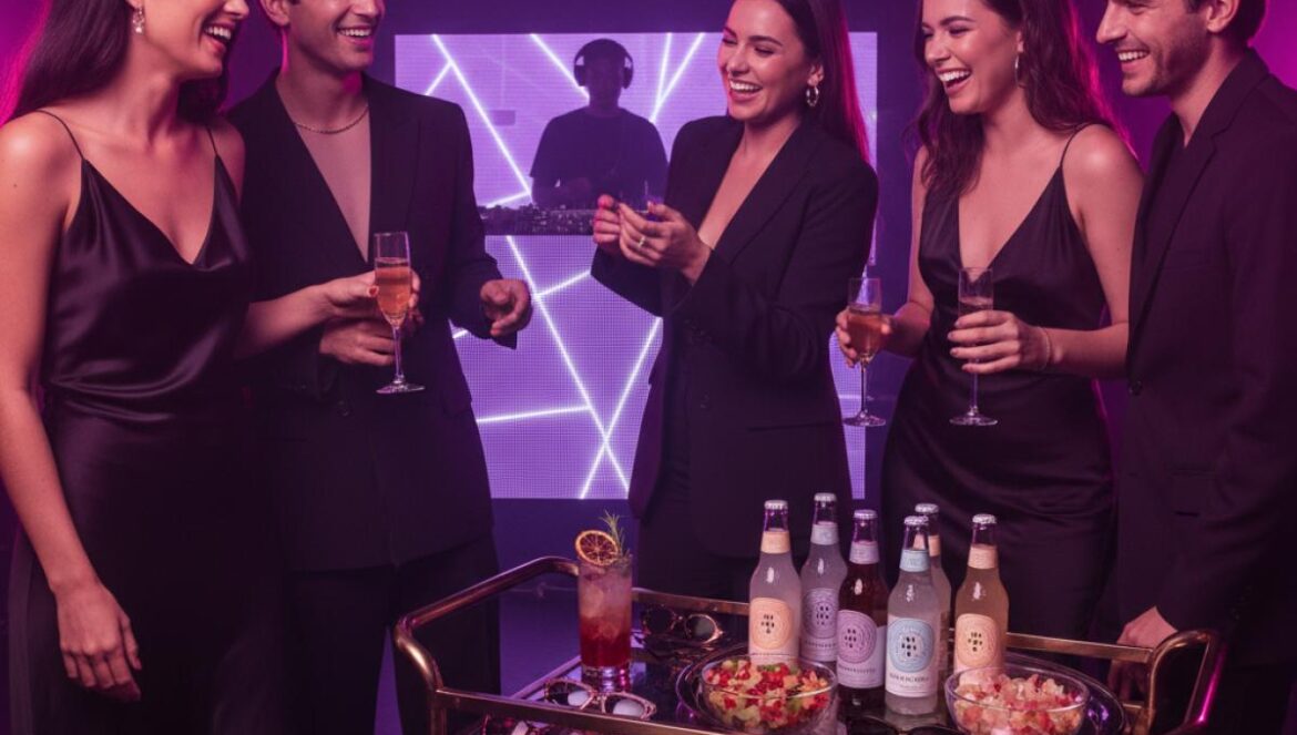NYFW reconfigura la noche: NYLON Membership x GARAGE llevan wellness clubbing a Gospël con vibes ciruela Grupo joven en club con luces púrpura, DJ al fondo, bandeja dorada con gafas y gummies, y mocktails burbujeantes.