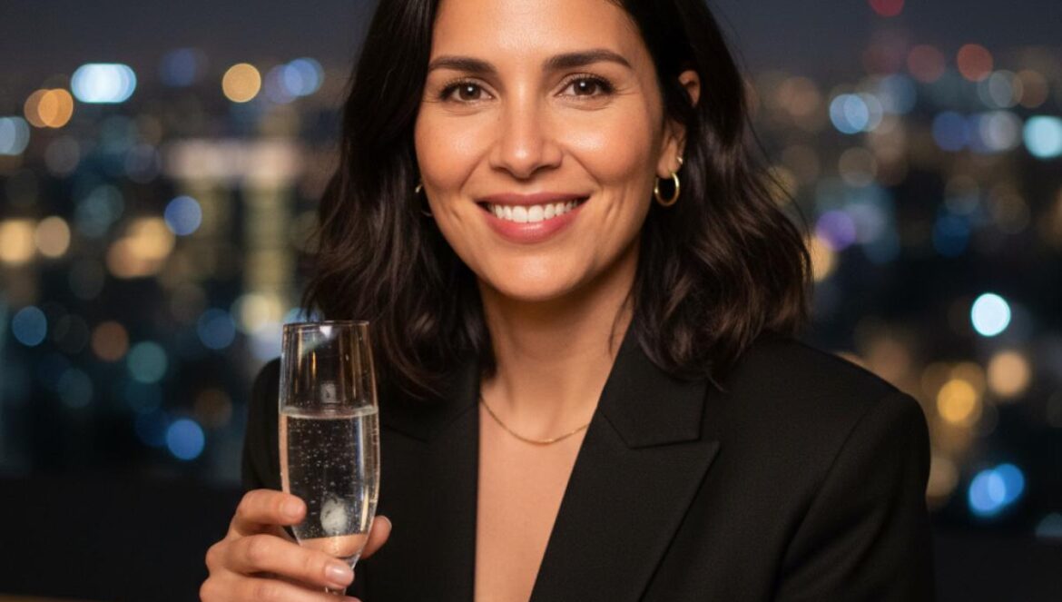 NYFW SS26 con autocuidado: lo que nadie te contó de las fiestas (y cómo disfrutar sin quemarte) Mujer elegante en terraza nocturna, copa de agua con gas en mano, luces de ciudad desenfocadas y vibra de fiesta con estilo.