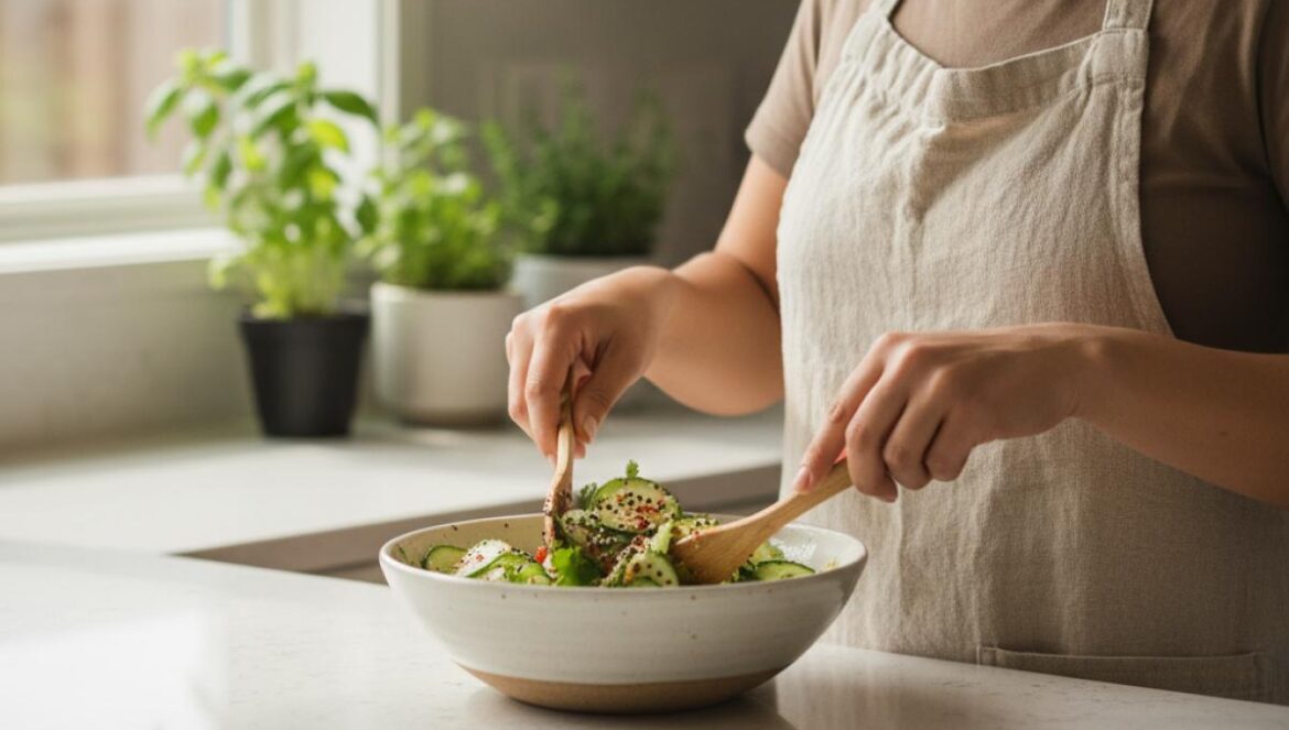 Oi muchim, la ensalada coreana de pepino que arrasa: mi versión gaditana lista en 5 minutos Chef preparando una ensalada de pepino picante con sésamo y copos rojos en una cocina luminosa.