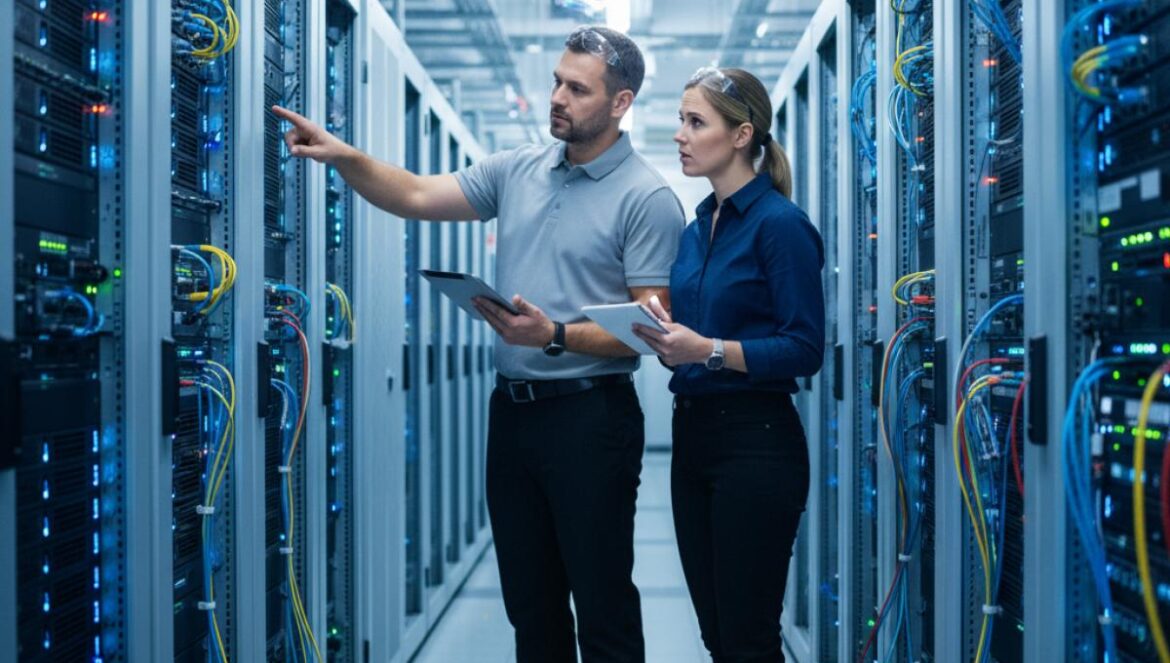 OpenAI sorprende: acuerdo de $300.000 millones con Oracle (Project Stargate) y un giro que sacude la nube Dos ingenieros frente a racks de servidores encendidos en un gran centro de datos con luces azules.