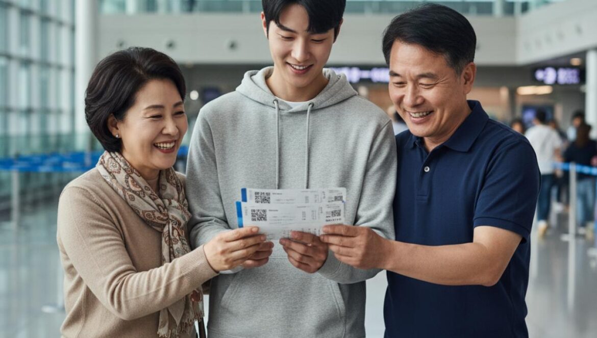 Park Seojin en Salim Nam: viaje familiar que revienta audiencias y redefine la piedad filial en prime time Familia coreana sonriente en un aeropuerto, el hijo muestra billetes a sus padres.