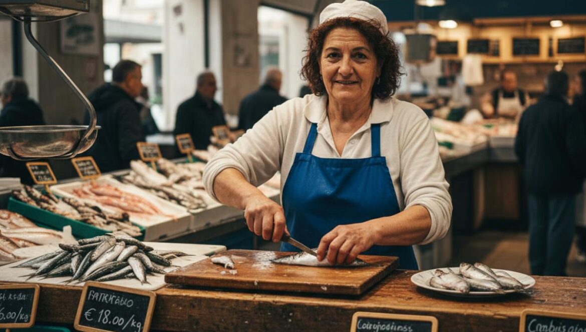 Pescado en crisis en casa, boom en la calle: desde Cádiz, datos, cultura y hacks para volver a cocinarlo Pescadera mediterránea fileteando sardinas en un puesto tradicional con cajas de hielo y precios en pizarra.