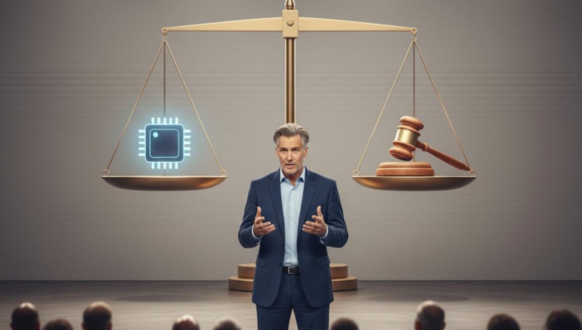 Peter Thiel vs. regulación de IA: ¿Anticristo o cortina de humo? Lo que no te están contando Conferencista tecnológico explica IA y regulación con una balanza entre chip y mazo legal proyectada detrás.