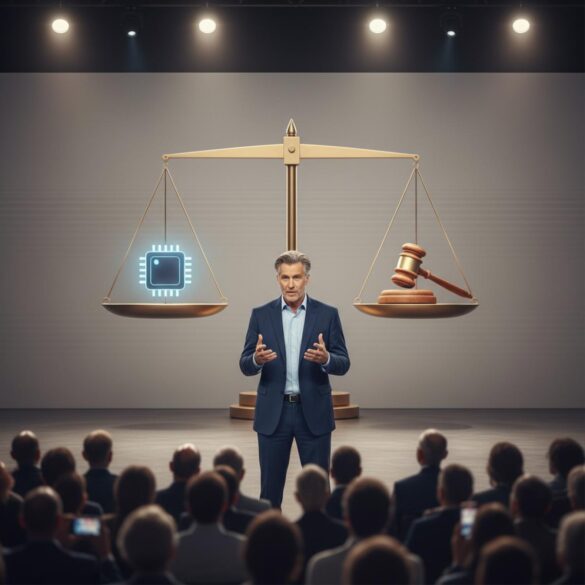 Conferencista tecnológico explica IA y regulación con una balanza entre chip y mazo legal proyectada detrás.