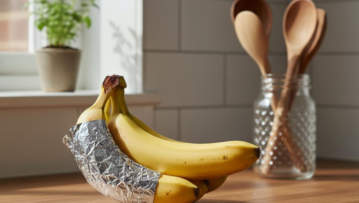 Plátanos que duran semanas: el truco del utensilio casero que revienta TikTok (y sí, funciona) Racimo de plátanos amarillos con los rabos envueltos en papel de aluminio sobre encimera de madera.