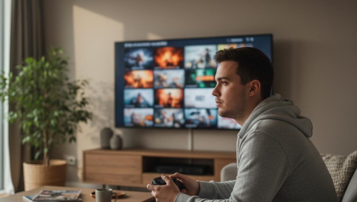 PlayStation: ¿por qué el top de ventas en EE. UU. es tan triste y qué nos dice del mercado? Jugador joven en el salón mirando una pantalla llena de carátulas similares de shooters mientras sostiene un mando.