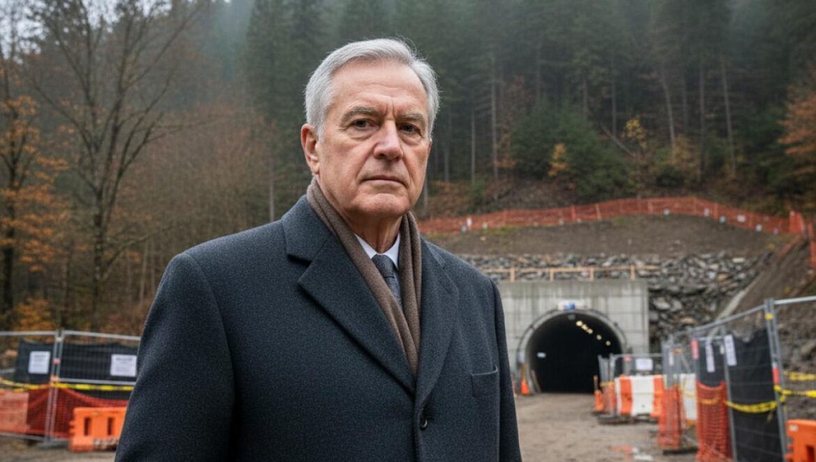 Porsche y su túnel privado en Salzburgo: así se declaró de interés público un capricho millonario Hombre mayor elegante frente a una ladera con entrada de túnel en obras, en un entorno europeo histórico.