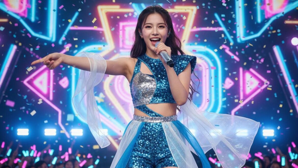 Cantante de K‑pop en el centro del escenario, micrófono en mano, luces neón y confeti con público levantando lightsticks.