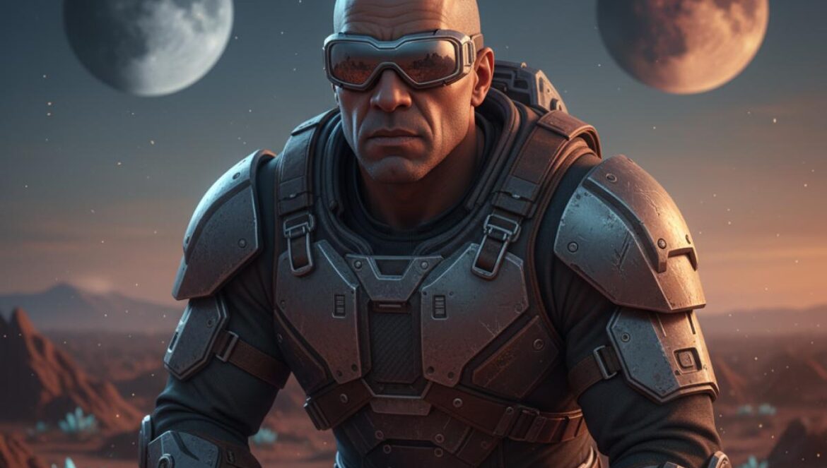 Riddick resucita: del batacazo de 2004 al hype por ‘Furya’ en 2026 Antihéroe futurista con gafas reflectantes en un desierto alienígena al atardecer.