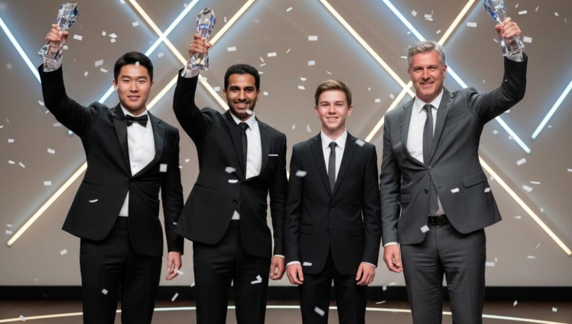 Seoul International Drama Awards: Severance arrasa y Adolescence emociona — lo que no viste en los Emmys Cuatro ganadores en un escenario de premios, de medio cuerpo, con trofeos en mano y confeti sutil bajo luces elegantes.