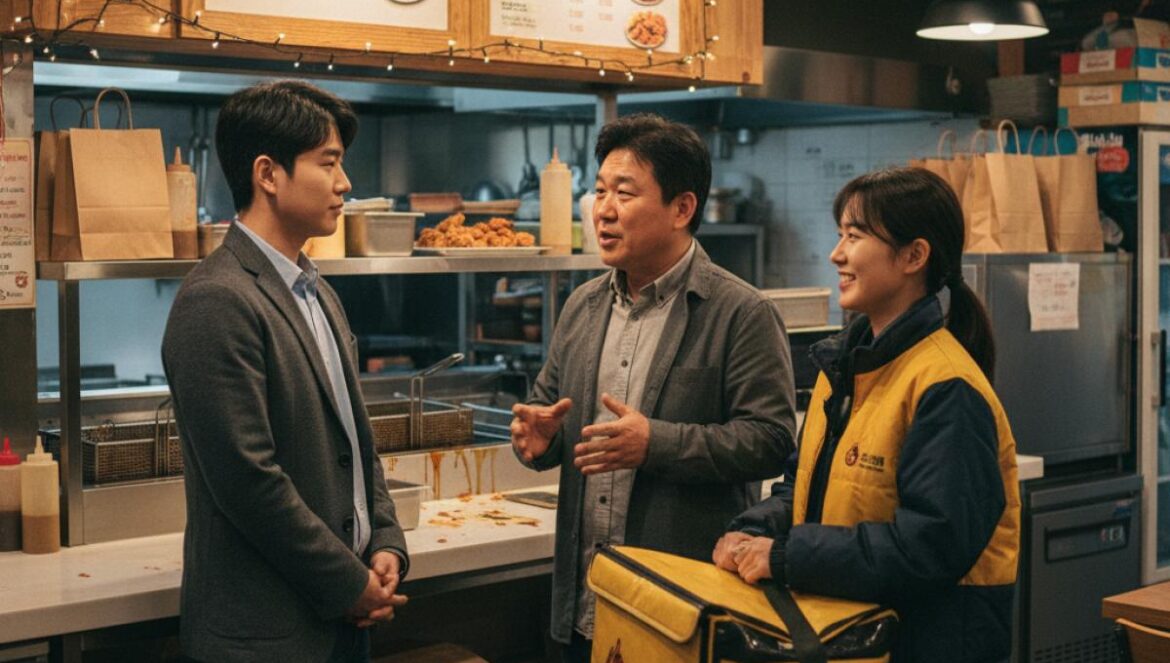 Shin’s Project remezcla justicia y pollo frito: Han Suk Kyu choca con un juez novato y adopta a una rider audaz Tres empleados en una pequeña pollería conversan tras la barra: un dueño sereno, un juez joven nervioso y una repartidora confiada, con luces cálidas y menús al fondo.